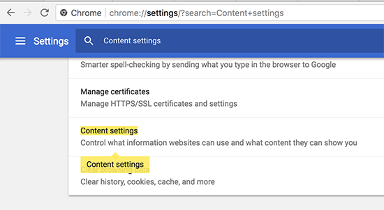 Find the content settings section