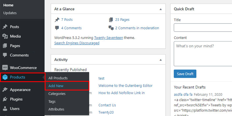 Step 1: Go to Products menu from the WP admin dashboard