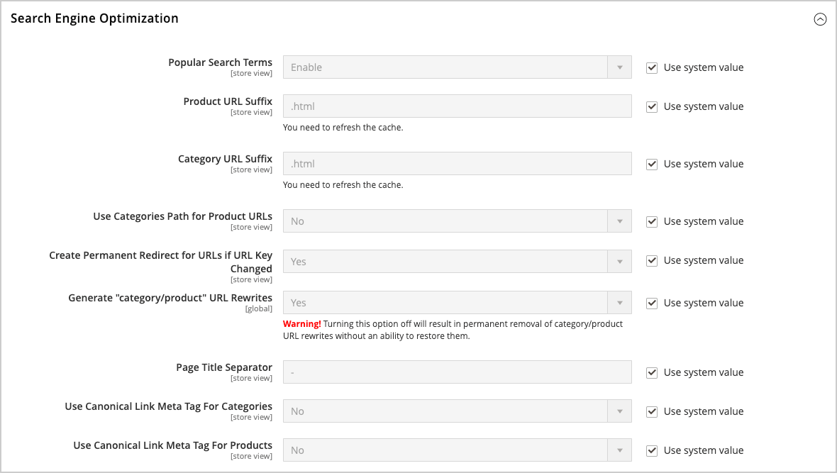 SEO area of Magento