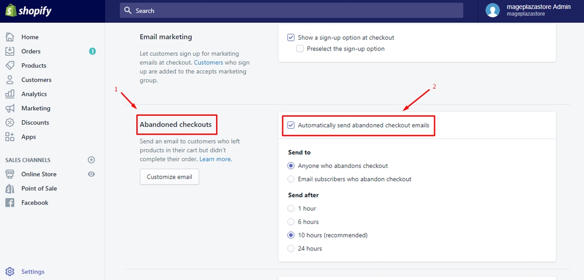 how enable automatic abandoned checkout recovery emails shopify