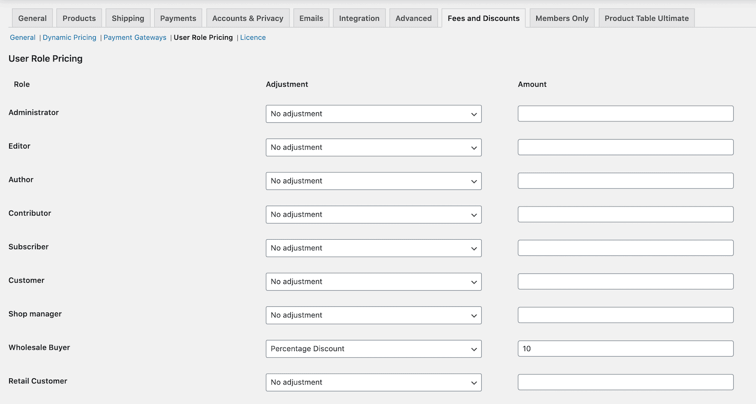 User role pricing