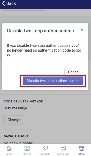 To disable two-step authentication for a staff account on Iphone 5