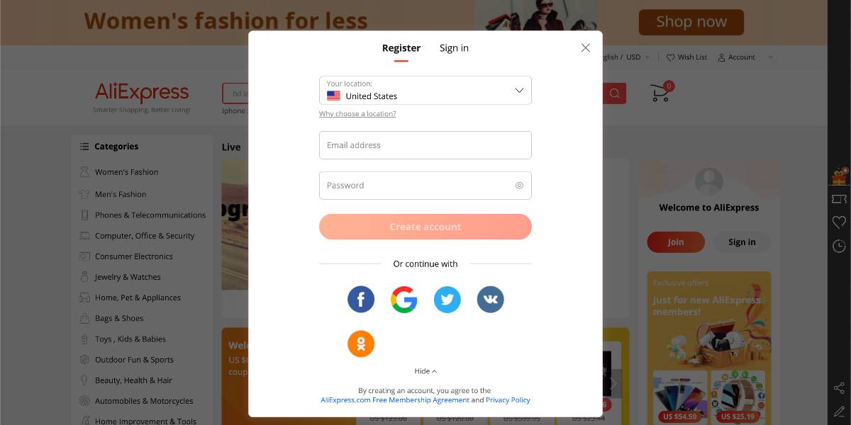 Create an account for buyers on AliExpress