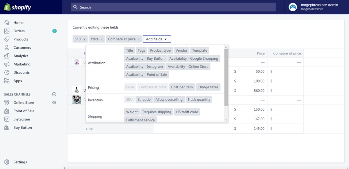 select product properties to edit in bulk