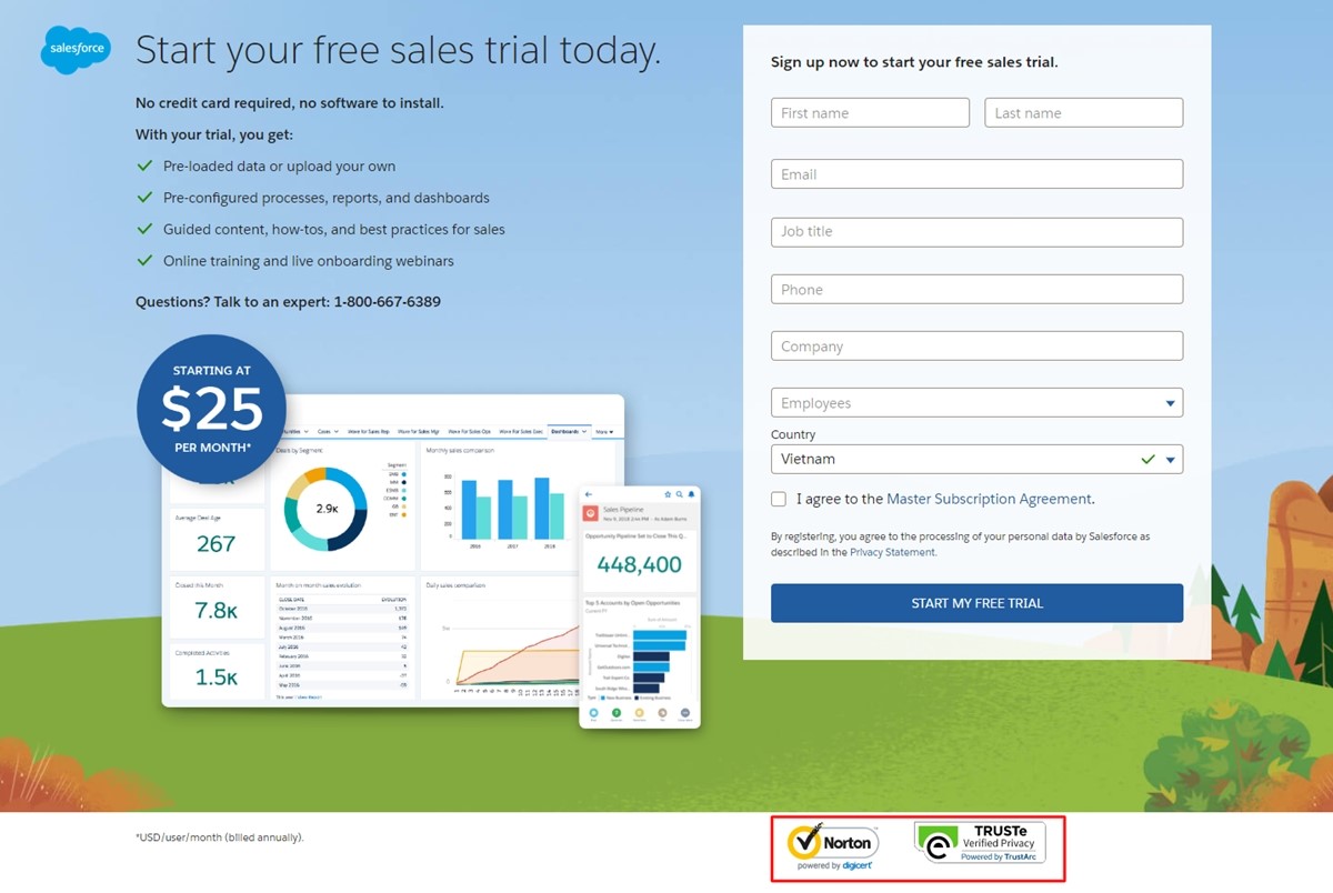 Saleforce's trust badges on the free trial landing page