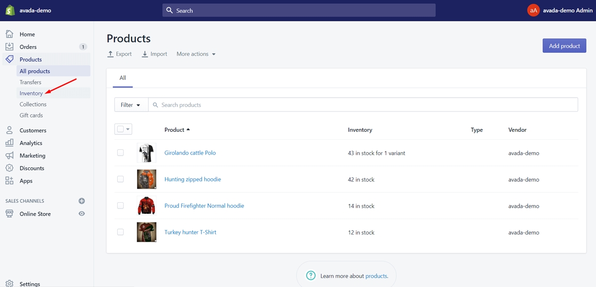 Step 1: Click  Products > Inventory