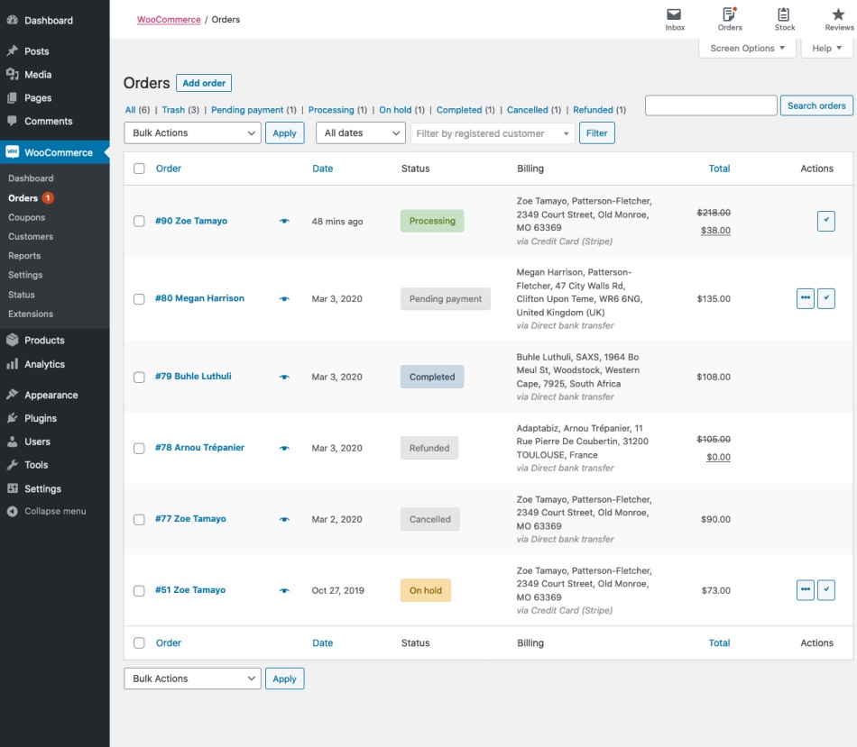WooCommerce orders page