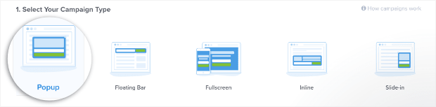 Then select a campaign type. We'll use Popupfor our WooCommcer login.