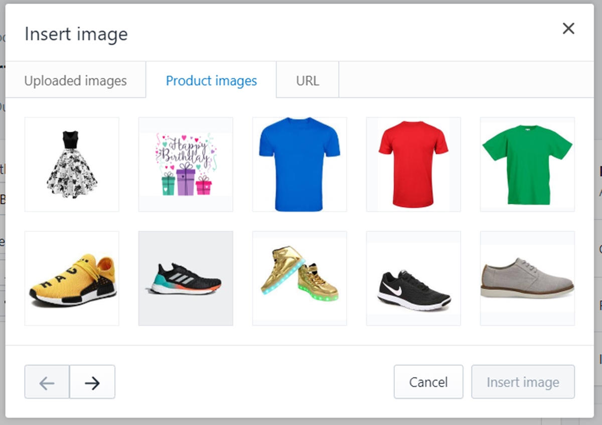 how to Insert Image from Product Images with the rich text editor