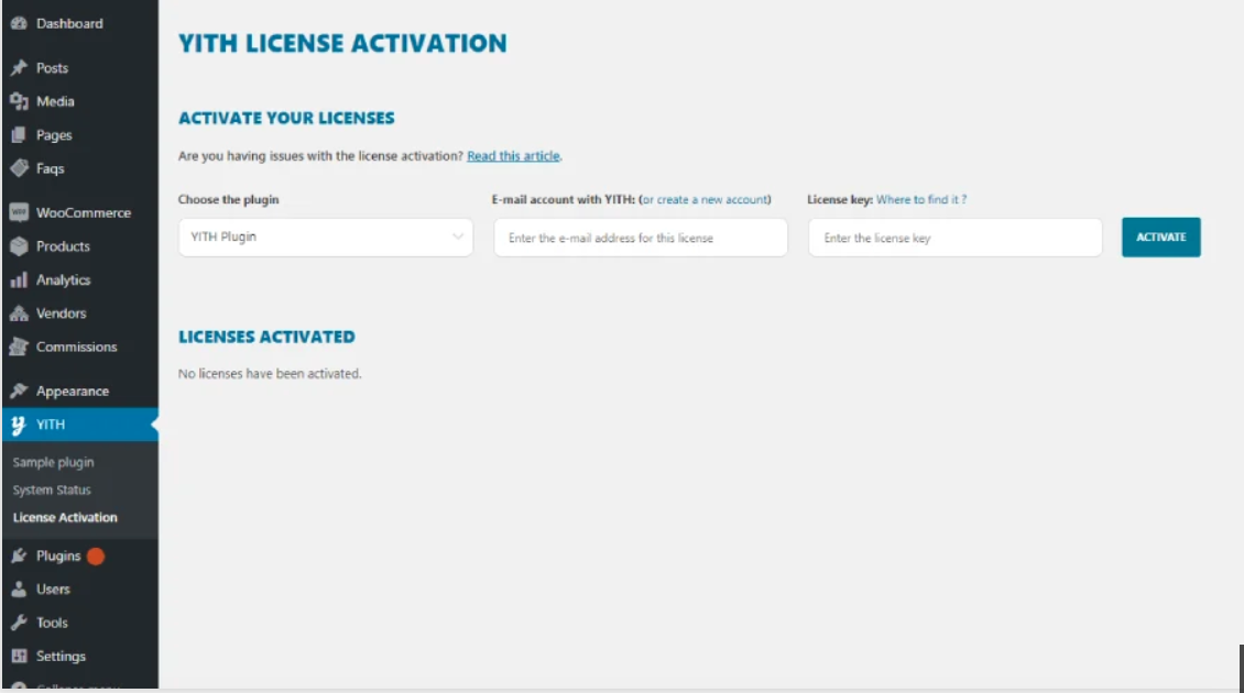 Enter both the email address linked with the yithemes.com account and the YITH plugin for which you wish to enable the license.