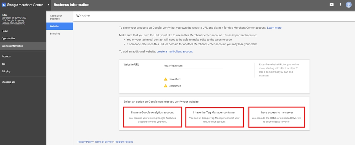 Setting up Google Shopping ads: Verify and confirm your website URL