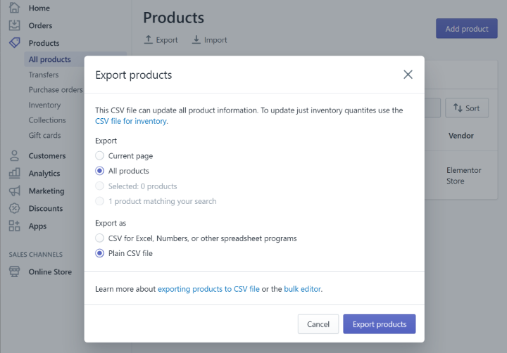 Export Shopify’s CSV files