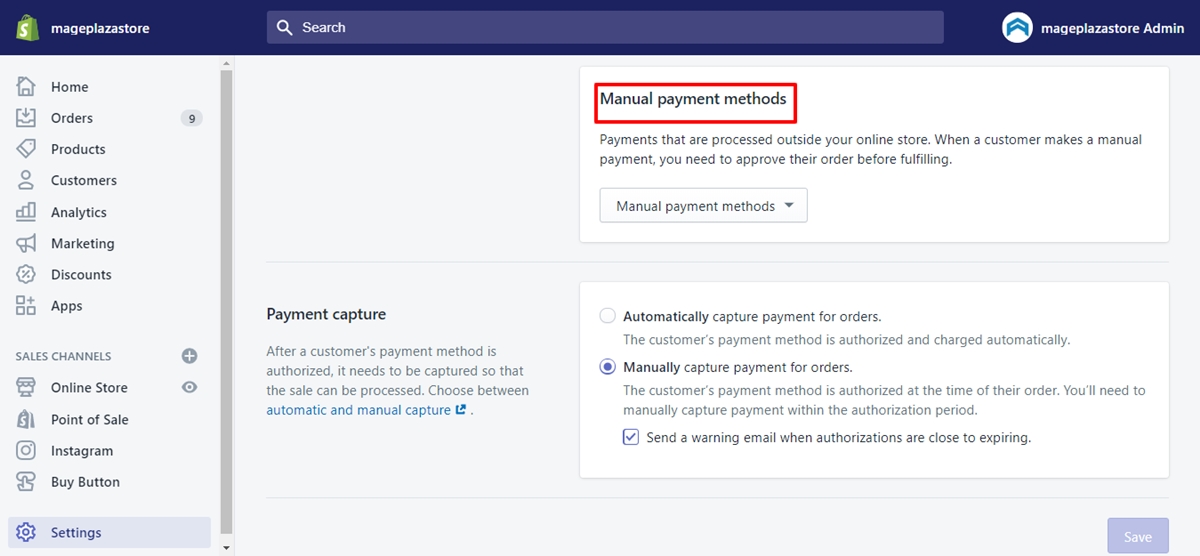 Setup Manual payments Payment gateway