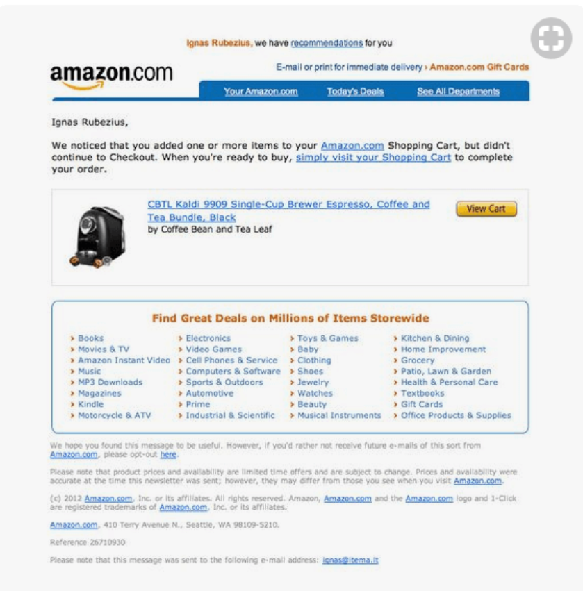 Amazon's interesting abandoned cart email template