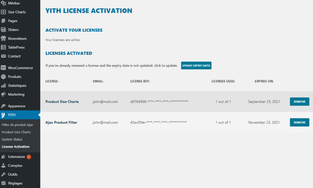 Licenses activated section