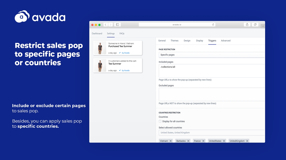 AVADA Social Proof's feature to show pop ups based on locations, product, or pages