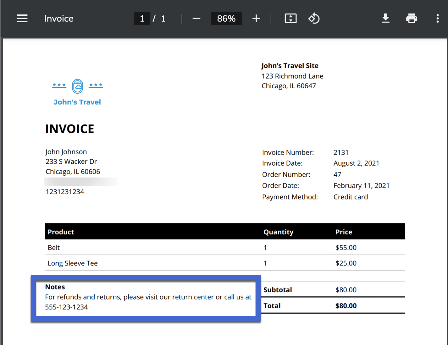 The plugin will now automatically put the message on the invoice when a PDF invoice is sent to the customer or when you print an invoice yourself.