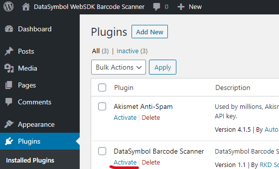 Activate DataSymbol Barcode Scanner Plugin.
