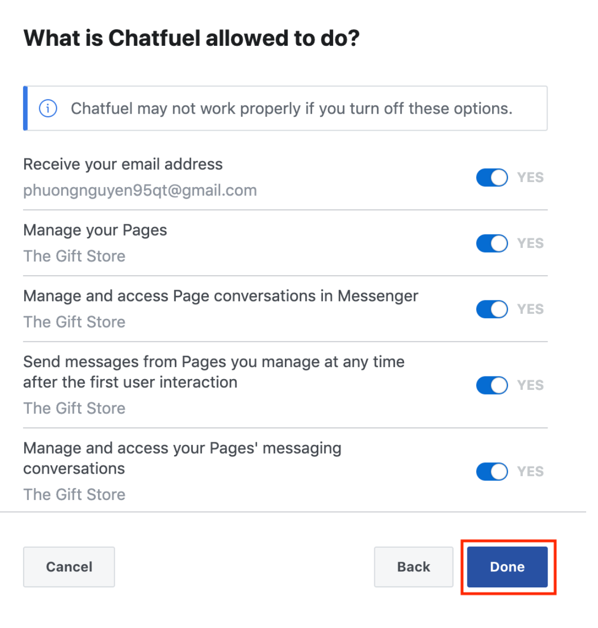 Facebook Advertising - Chatfuel permission