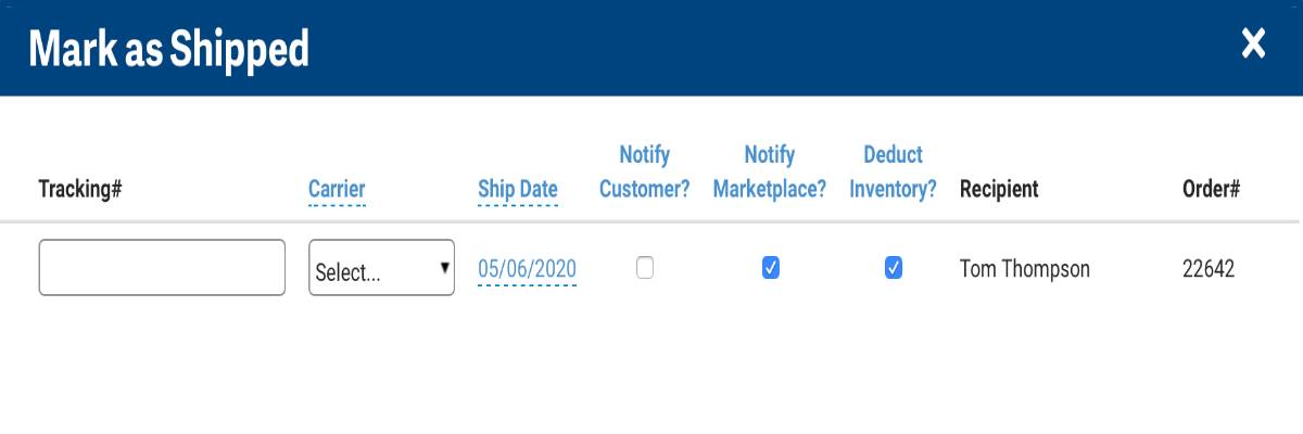 An example of a Shipped Order form