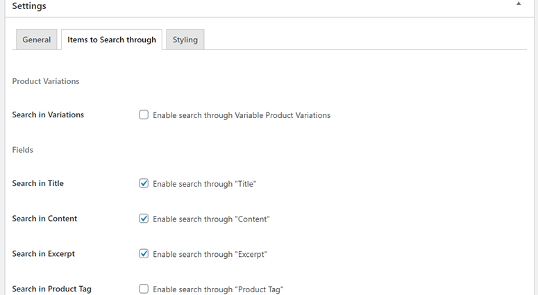 Items to Search Through section