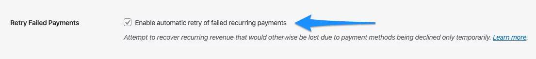 Tick **Enable automatic retry of failed recurring payments**