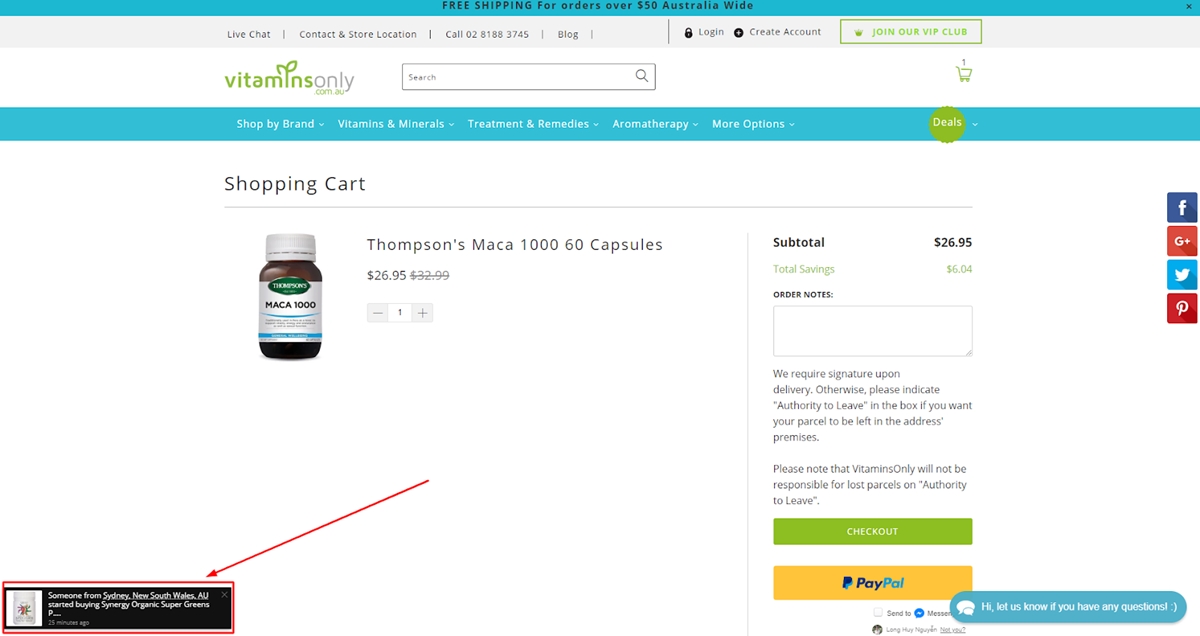 Vitaminsonly shows live notifications of sale on the checkout page