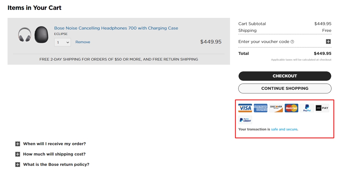 Bose adds credit card logo to their checkout page with frequently asked questions