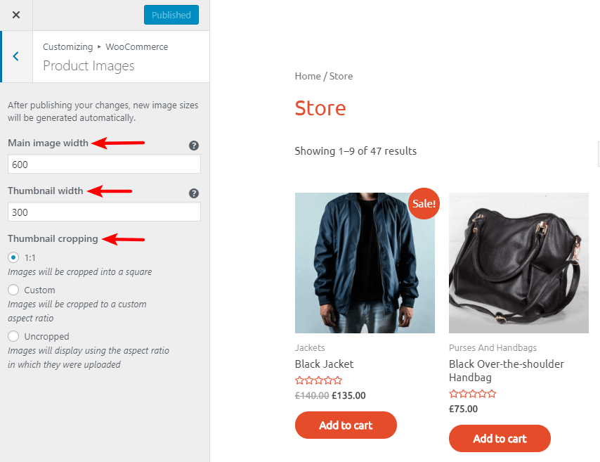 Customize product images size