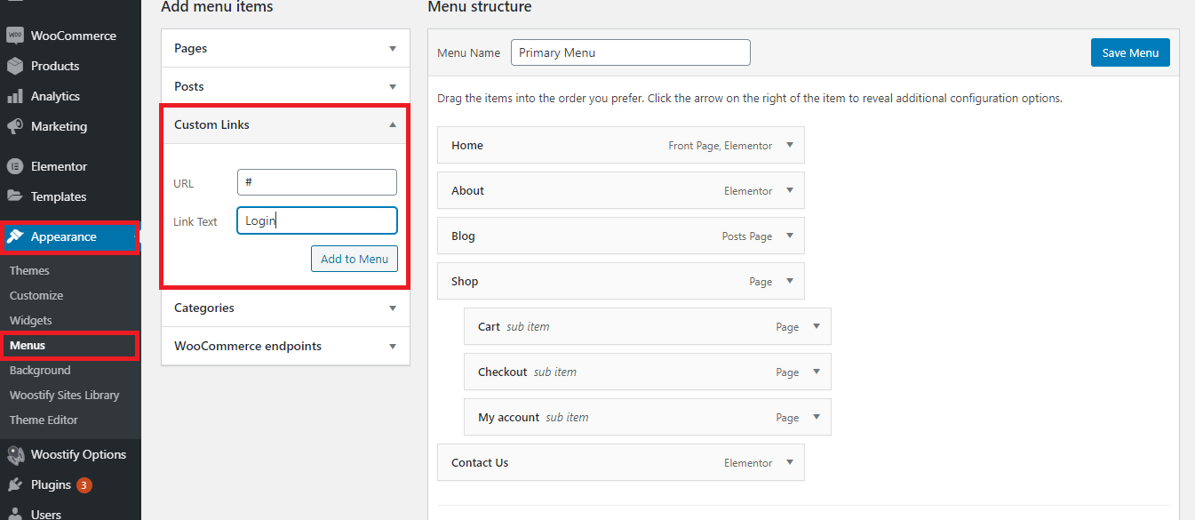 In the URL box and the Link Text field, type '#' and 'Login' in that order.