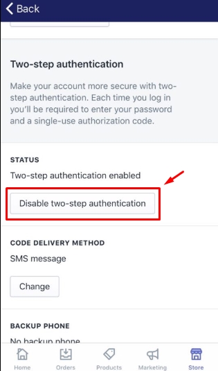 To disable two-step authentication for a staff account on Iphone 4