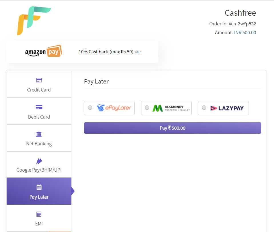 Cashfree provides the highest number of Pay Later & EMI option( both card and cardless)