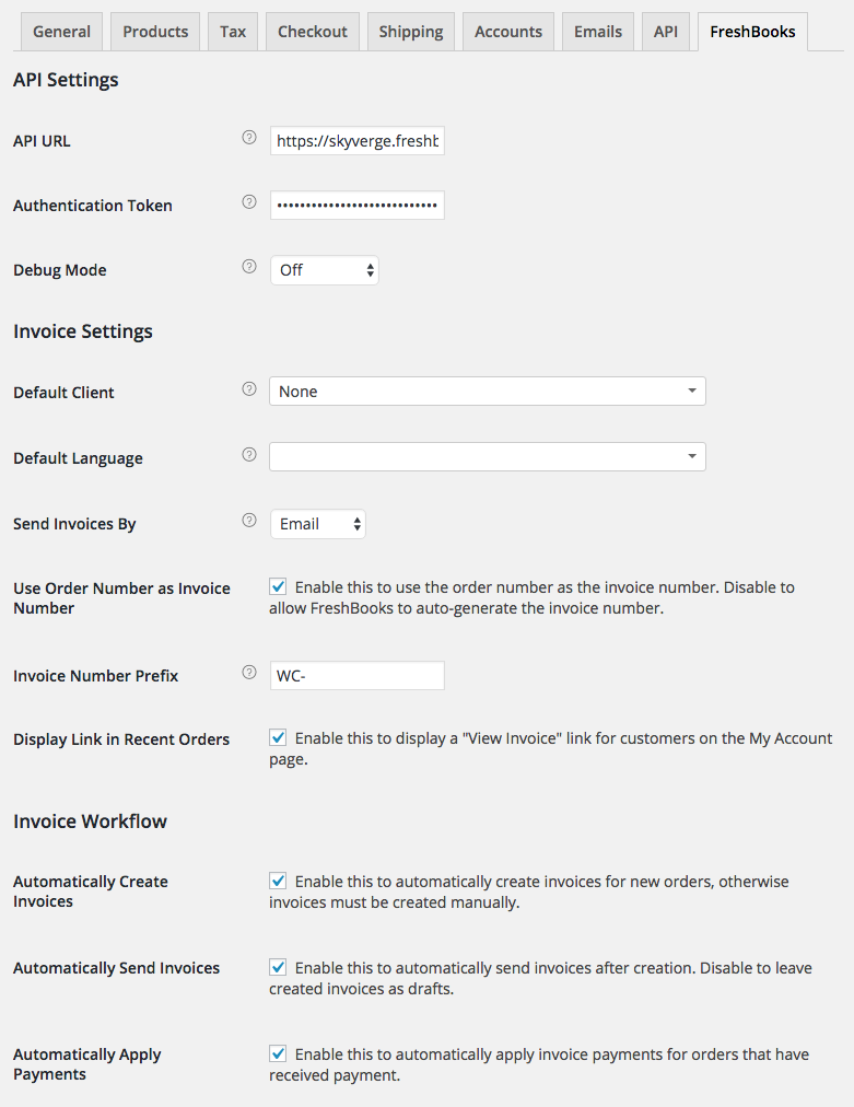 Settings for FreshBooks