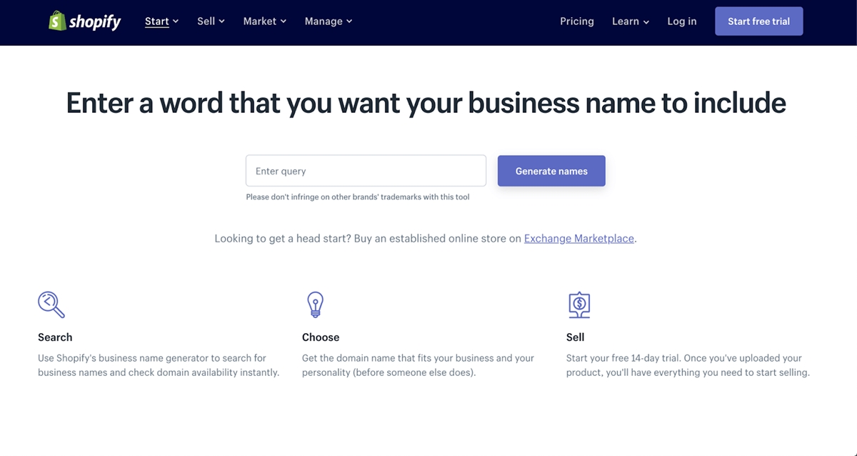 ابزارهایی برای نام‌گذاری برندتان: Shopify Business Name Generator