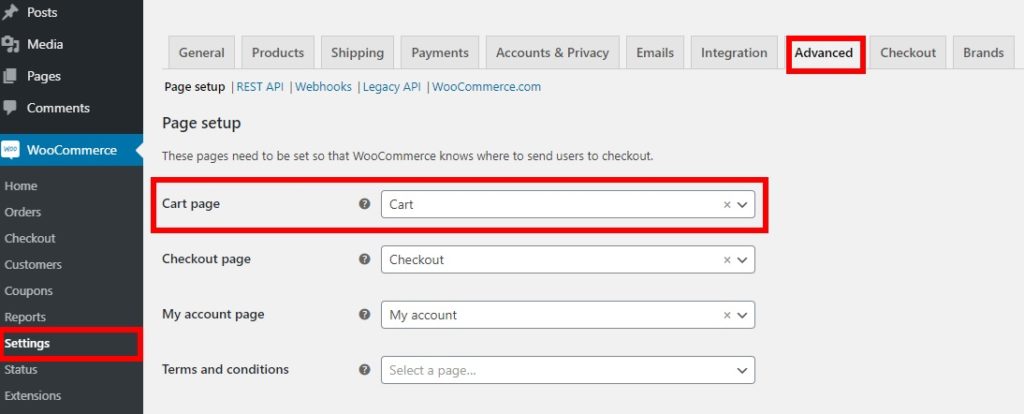 Under the Cart page option, choose the Cart page that you just built and save it.
