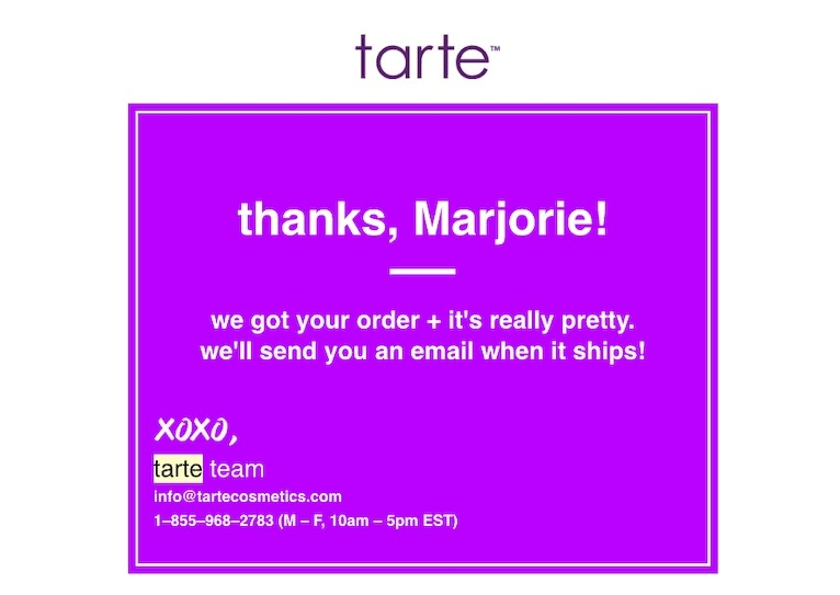 Tarte's thank you email