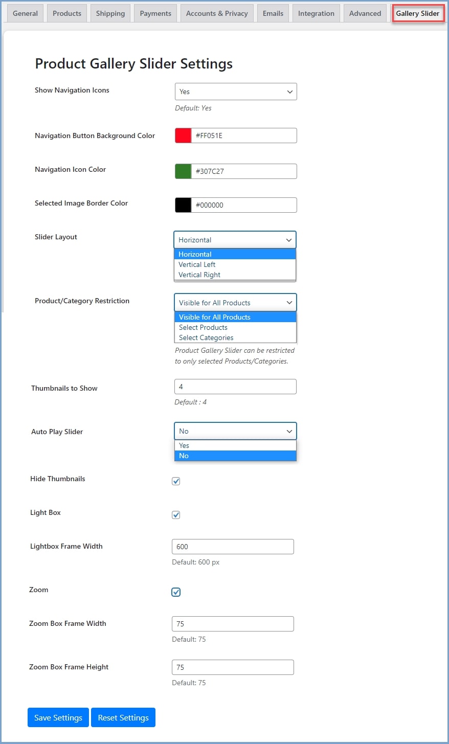 WooCommerce product gallery slider settings