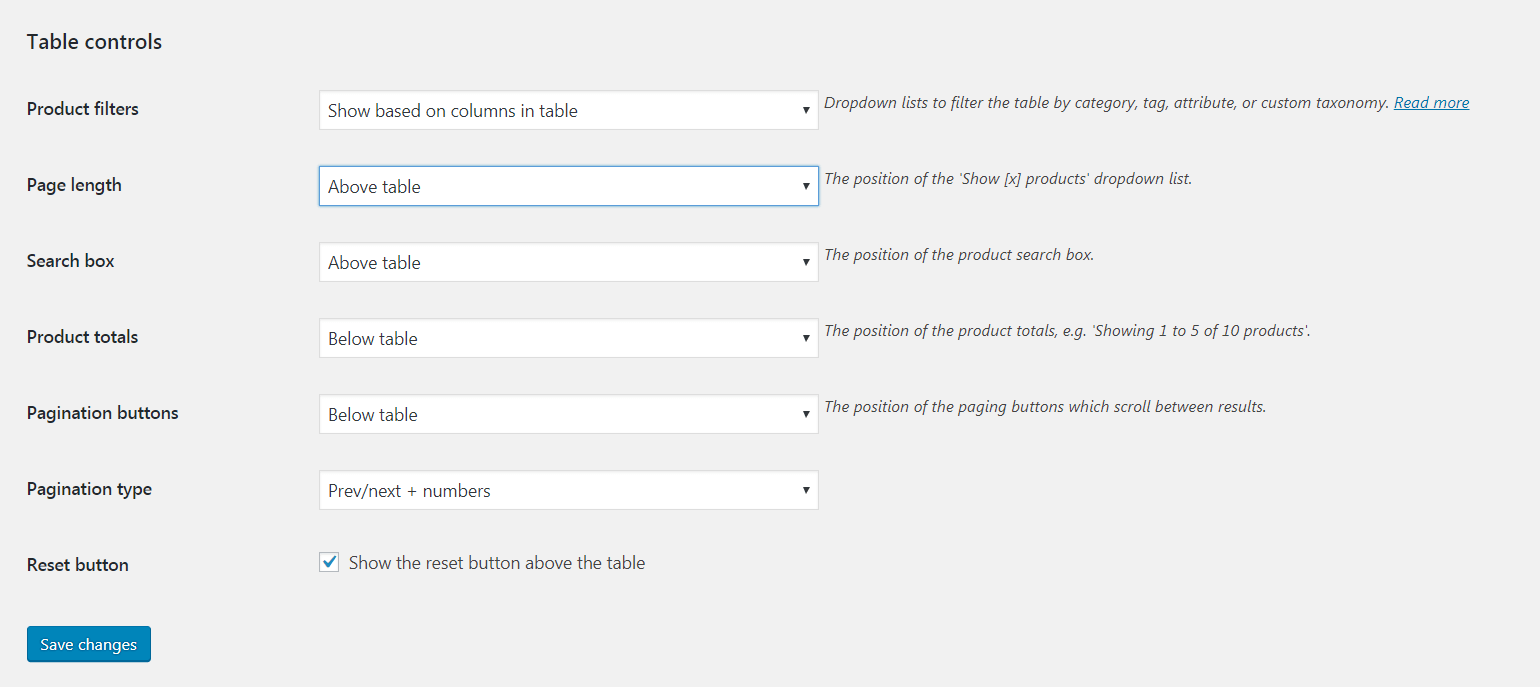 Adjust the filter and search parameters by scrolling down to the Table Controls section