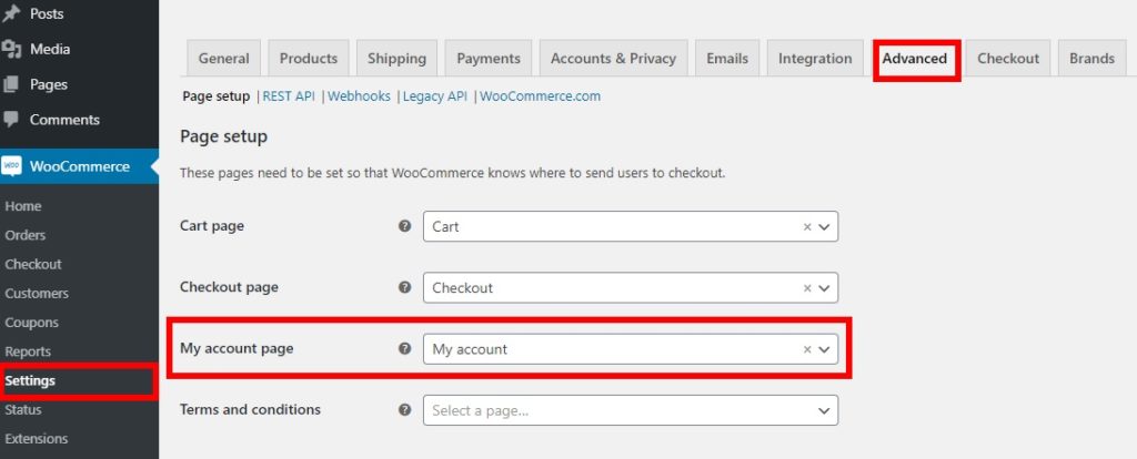 Save the modifications by selecting the newly created My Account page as an option for the My Account page.