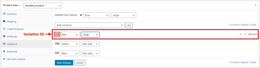 An example for variation products