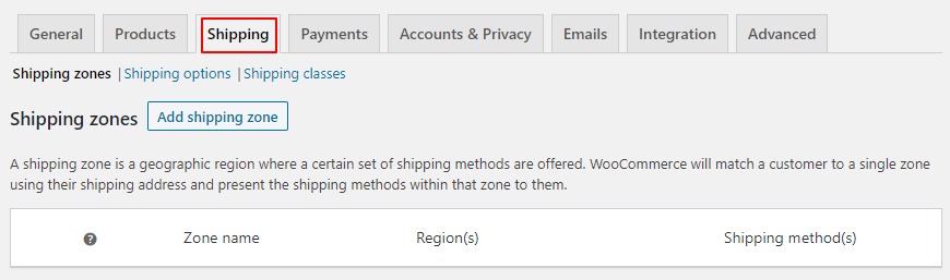 Go to WooCommerce > Settings in your WordPress dashboard and choose the **Shipping** option.