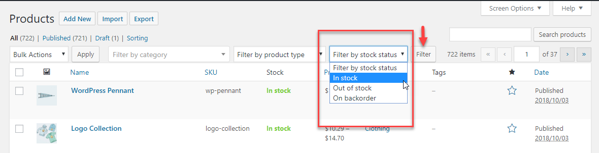 You may use the filtering options only to see goods that are in stock, out of stock, or on backorder, depending on your needs