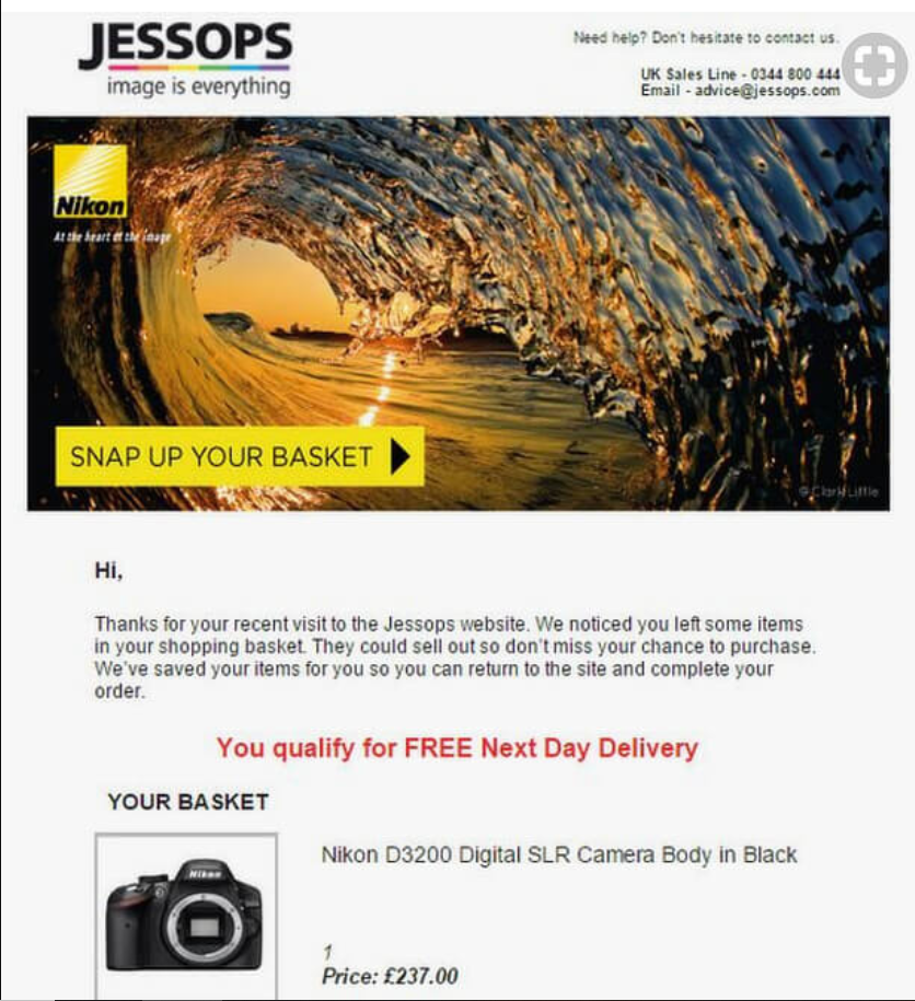 Abandoned cart email template from Jessops