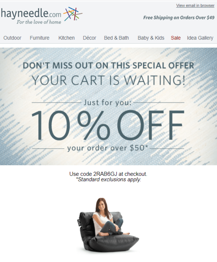 Abandoned cart email template from Hayneedle