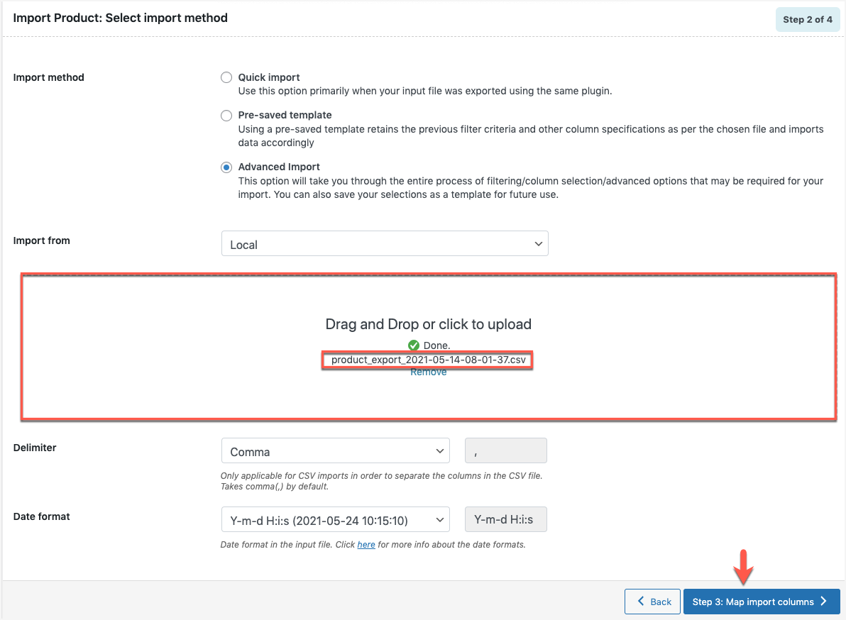 Select the import method and upload the file