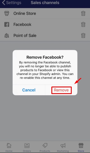 To remove an online sales channel from your Shopify admin on iPhone 4