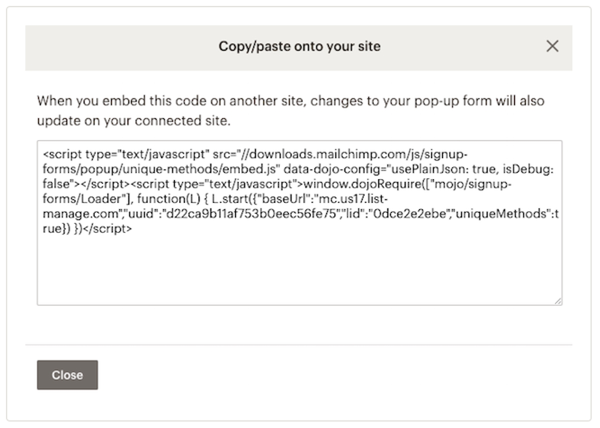 Get Mailchimp Popup Code