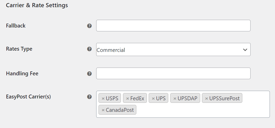 carrier and rates settings