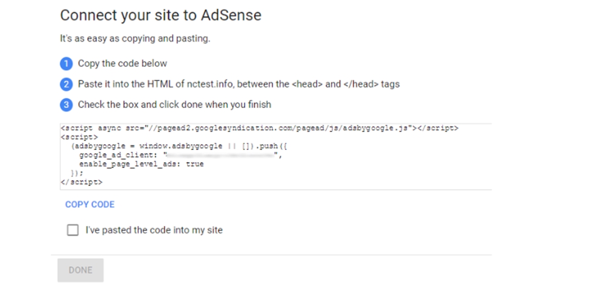 Copy the Google AdSense verification code