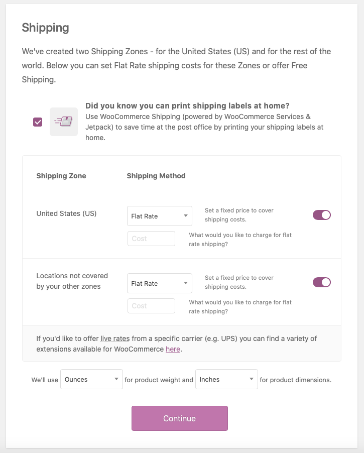 Shipping setting when you activate WooCommerce for the first time